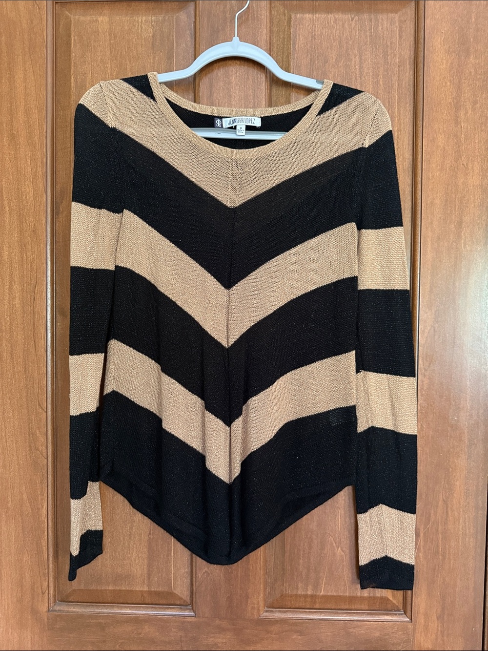 Jennifer Lopez Black and Gold Chevron Crewneck Sweater